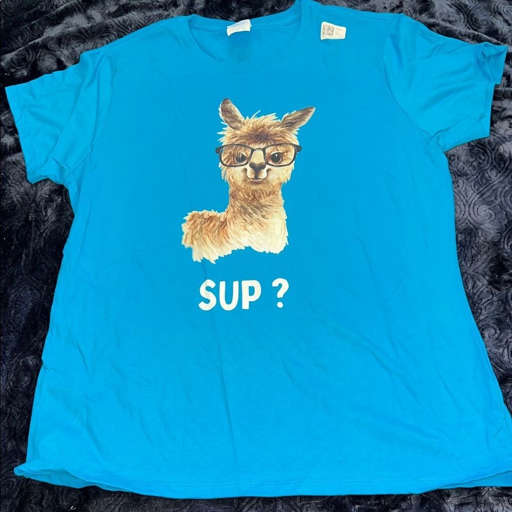 Llama in Glasses Sup Print Blue T-Shirt (Ladies L)